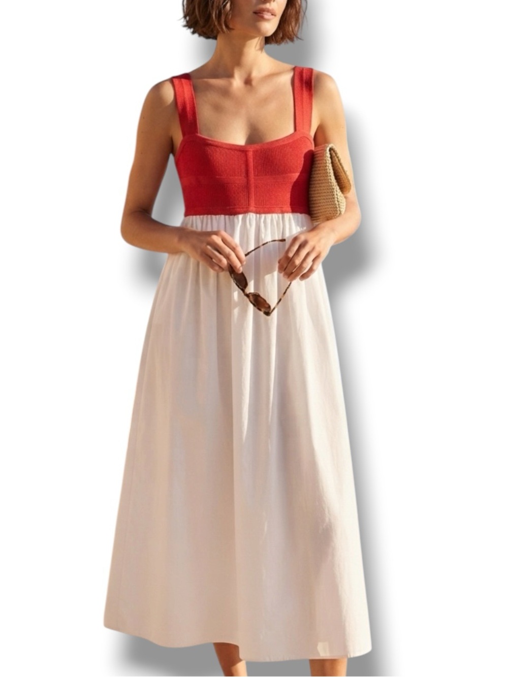 NWT Theory Red White Knit Bodice Mixed Media A-Line Summer Midi Dress Large L